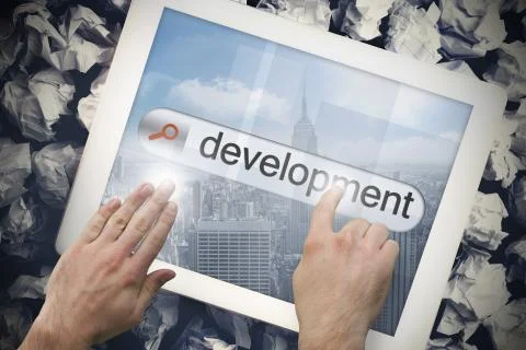 Hand touching development on search bar on tablet screen Stock Illustration