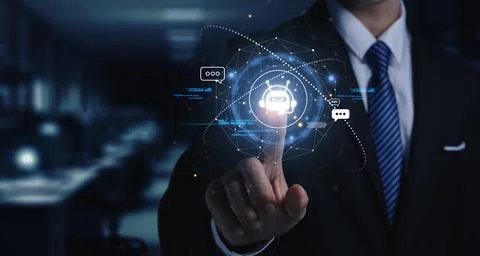 Hand touching digital chatbot for provide access to information. Stock Photos