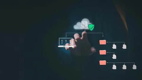 Hand touching digital cloud security and data flow Stock Photos