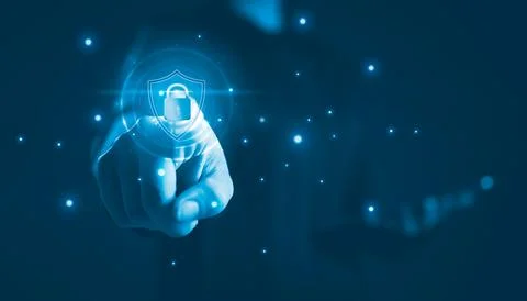 Hand touching digital shield, lock icon represents cybersecurity, data prot.. 스톡 사진