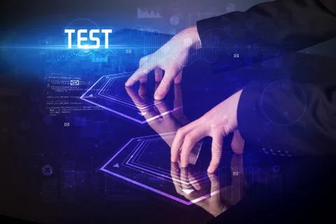 Hand touching digital table 스톡 사진