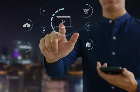 Hand touching digital virtual screen marketing concept icon business. Stock Photos