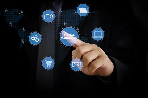 Hand touching digital virtual screen marketing concept icon business. Stock Photos