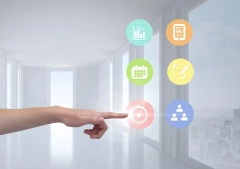 Hand touching digitally generated icon Stock Photos