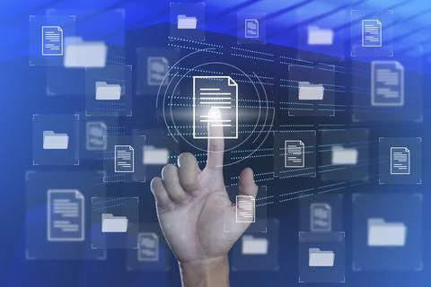 Hand touching Document Management System DMS Online Document Database and aut Stock Photos