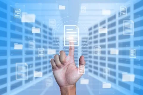 Hand touching Document Management System DMS Online Document Database and aut Stock Photos