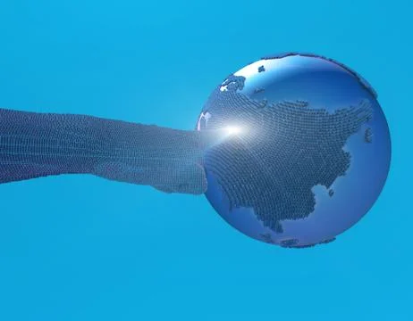 Hand touching the earth, global network transmission and artificial intelligence Stock Illustration