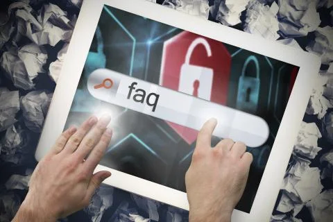 Hand touching faq on search bar on tablet screen Illustrazione stock
