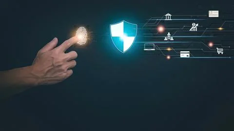 Hand touching fingerprint with digital shield and security icons Stock Photos