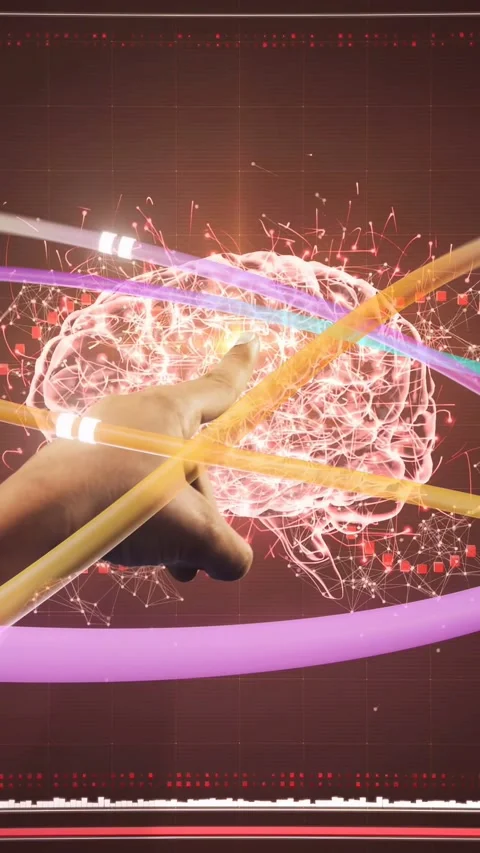 Hand touching flare and guiding glowing orb into brain sphere, showing AI with Stock Footage 332845952
