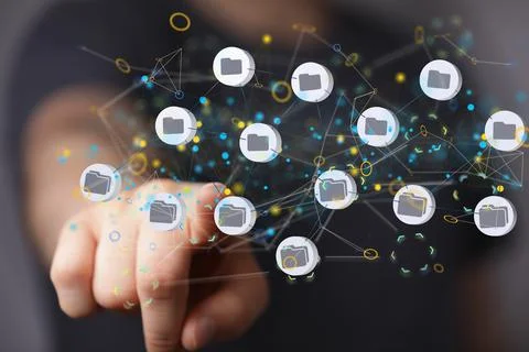 Hand touching a floating 3D cloud computing sign Stock Photos