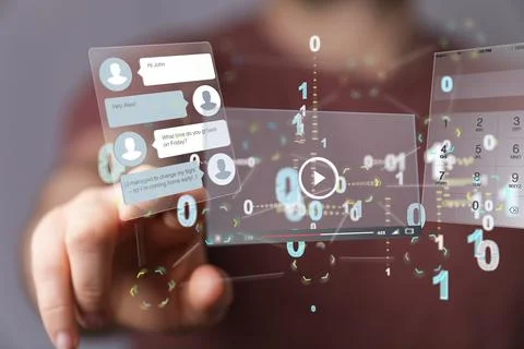 Hand touching floating 3D web development interface Stock Photos