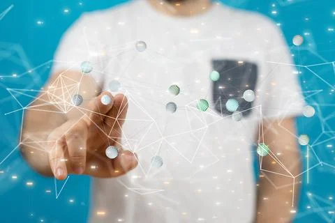 Hand touching the floating dots with connecting lines. 写真素材