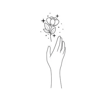 Hand touching a flower. Minimalistic vector illustration in boho style Stock Illustration