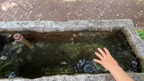 Hand Touching Flowing Water in Stone Fountain Stock Footage 341818105