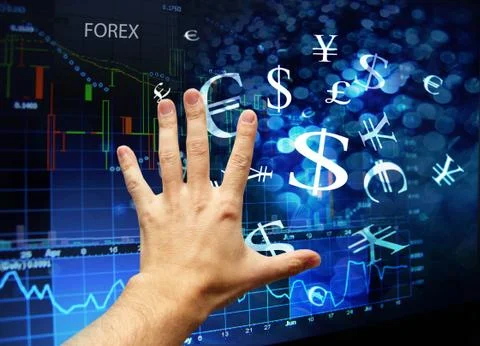 Hand touching forex interface Stock Photos