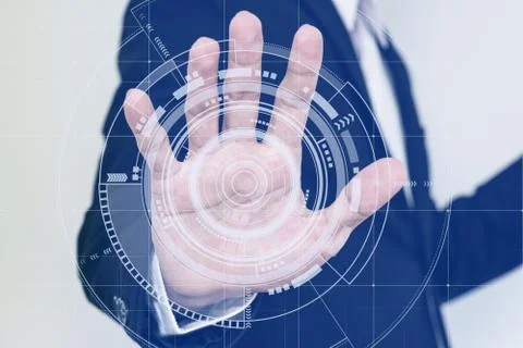 Hand touching futuristic interface screen Foto stock