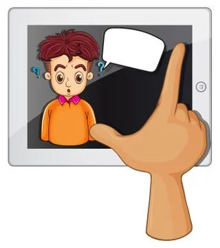 A hand touching a gadget with a man thinking 스톡 일러스트