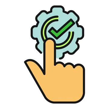 Hand touching gear with checkmark, setting complete Stock Illustration
