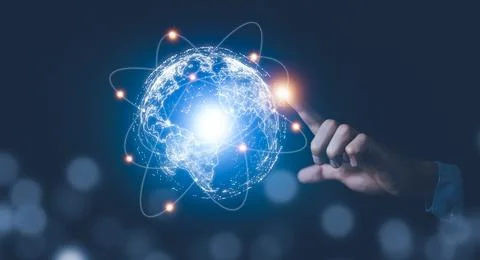 Hand touching global network and data exchanges over the world 3D rendering,  Stock Photos