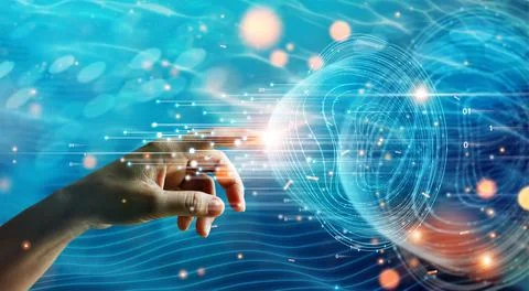 Hand touching global network connection information data exchanges 스톡 사진