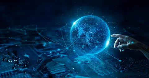 Hand touching global networking on data connection. Science. Big data. internet Stock Photos