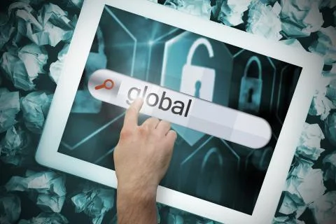 Hand touching global on search bar on tablet screen Illustrazione stock