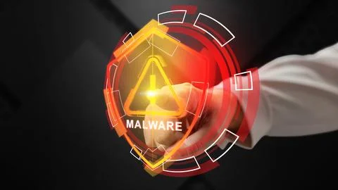 Hand touching a glowing digital interface with a shield icon and the word m.. Stock Photos