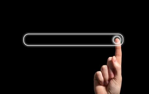 Hand touching glowing virtual search bar on digital interface. Futuristic Foto stock
