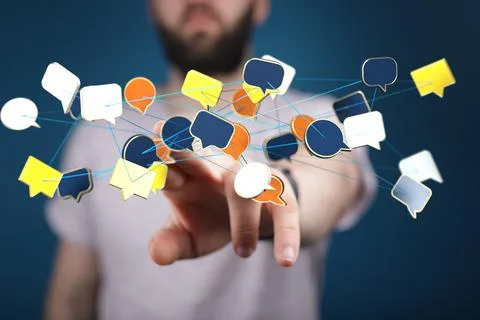 Hand touching a group of 3D rendered speech bubbles Stock Photos