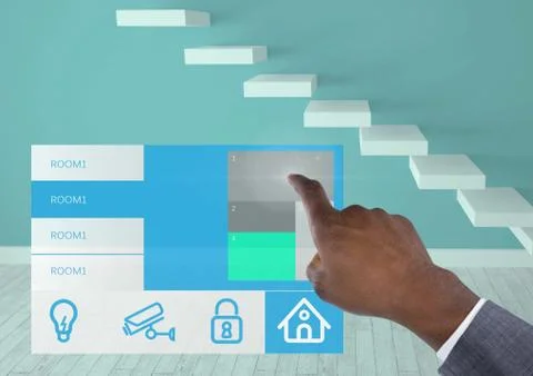 Hand touching a Home automation system App Interface Stock Photos