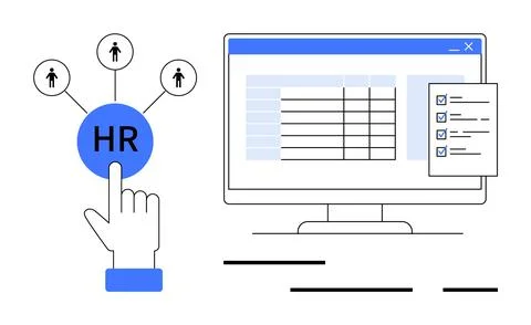 Hand touching HR button connecting to employee icons, computer screen with ta Stock Illustration