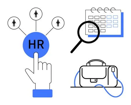 Hand touching HR icon connected to people, calendar with magnifying glass, an 스톡 일러스트