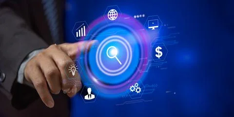 Hand touching icon virtual screen Digital technology concept. software deve.. 스톡 사진