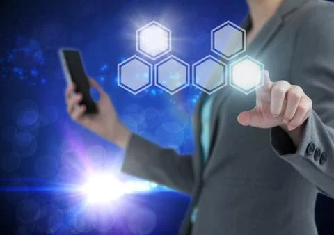 Hand touching icons interface of hexagons Stock Photos