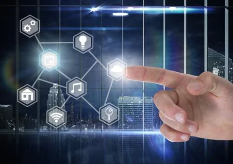 Hand touching icons interface of internet of things Stock Photos