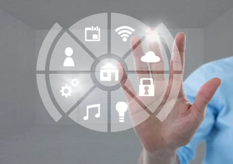 Hand touching icons interface of internet of things Foto stock