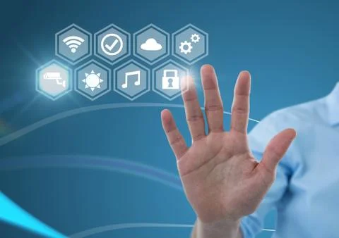 Hand touching icons interface of internet of things Stock Photos