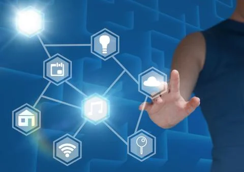 Hand touching icons interface of internet of things Stock Photos