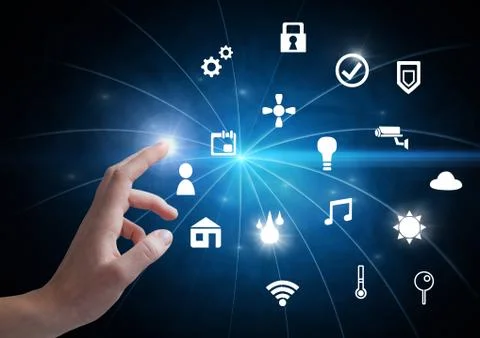 Hand touching icons interface of internet of things Stock Photos