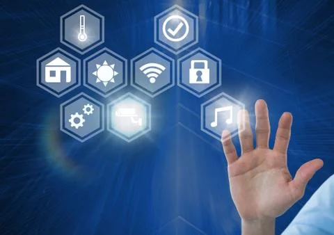 Hand touching icons interface of internet of things Stock Photos