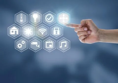 Hand touching icons interface of internet of things Foto stock