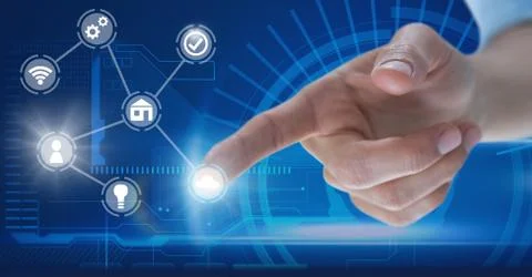 Hand touching icons interface of internet of things Foto stock