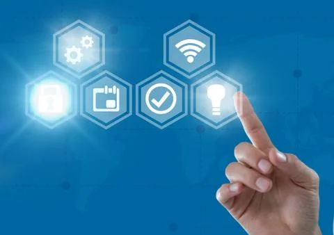 Hand touching icons interface of internet of things Stock Photos