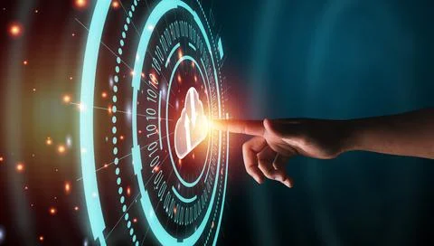 Hand touching to info graphics with cloud computing and technology icons Stock Photos