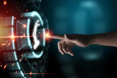 Hand touching to info graphics with robot icon , automatic robot technology Stock Photos