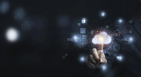 Hand touching infographic cloud computing and technology icons Stock Photos