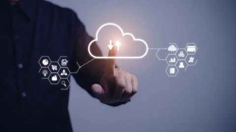 Hand touching infographic cloud computing and technology icons , cloud tech.. Fotos Stock
