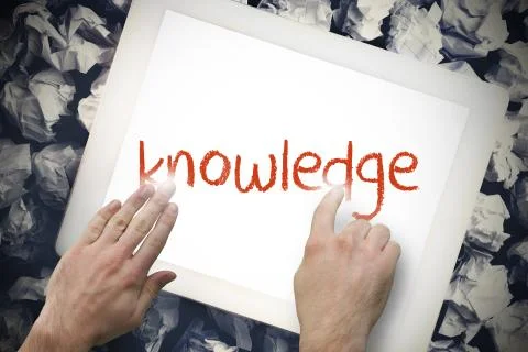 Hand touching knowledge on search bar on tablet screen Illustrazione stock
