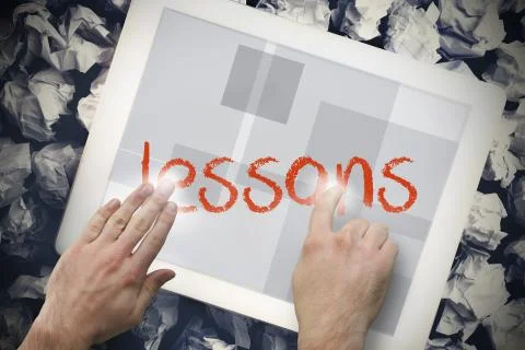 Hand touching lessons on search bar on tablet screen Illustrazione stock
